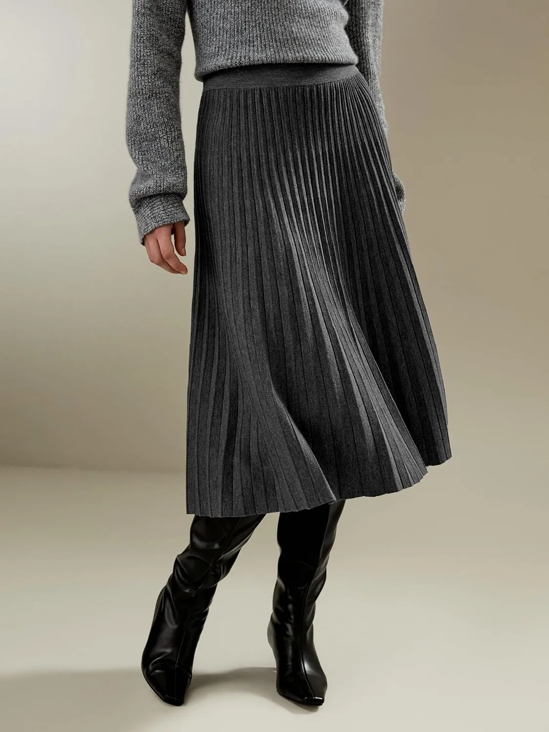 LilySilk Merino Wool Knit Skirt for Women Elastic Warm Solid Pleated A-line Skirts for Ladies Winter Fall Work Casual