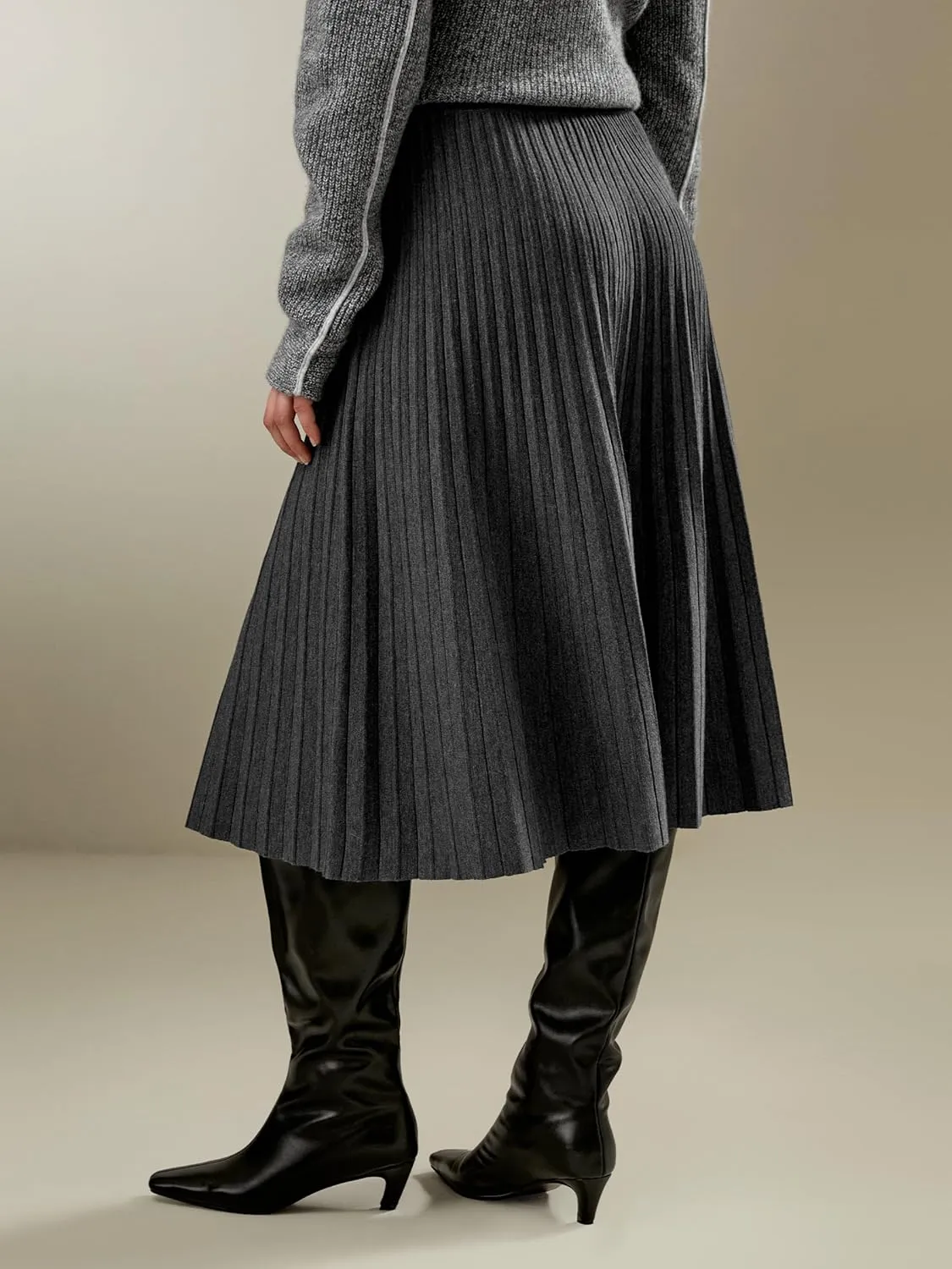 LilySilk Merino Wool Knit Skirt for Women Elastic Warm Solid Pleated A-line Skirts for Ladies Winter Fall Work Casual