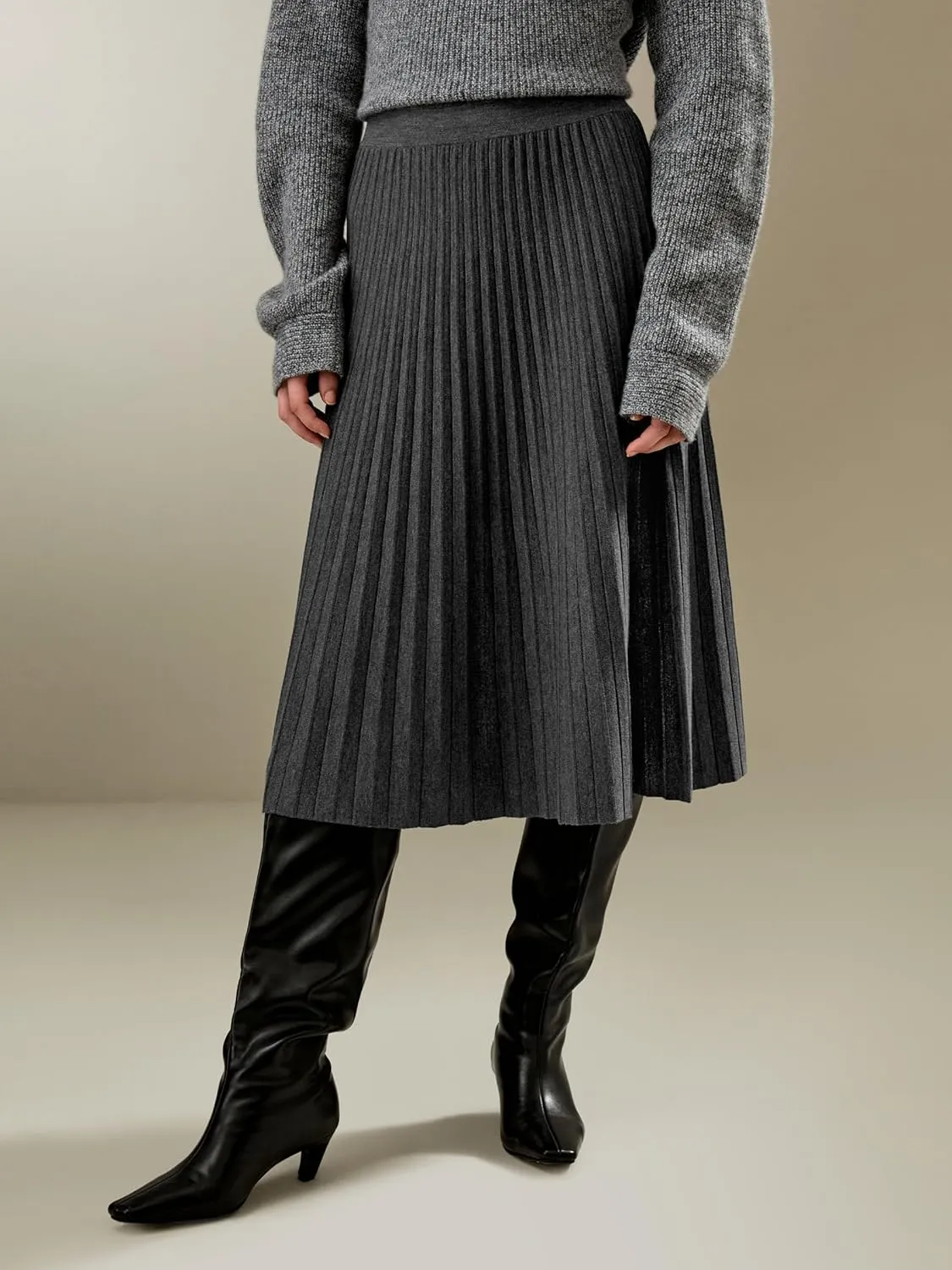 LilySilk Merino Wool Knit Skirt for Women Elastic Warm Solid Pleated A-line Skirts for Ladies Winter Fall Work Casual