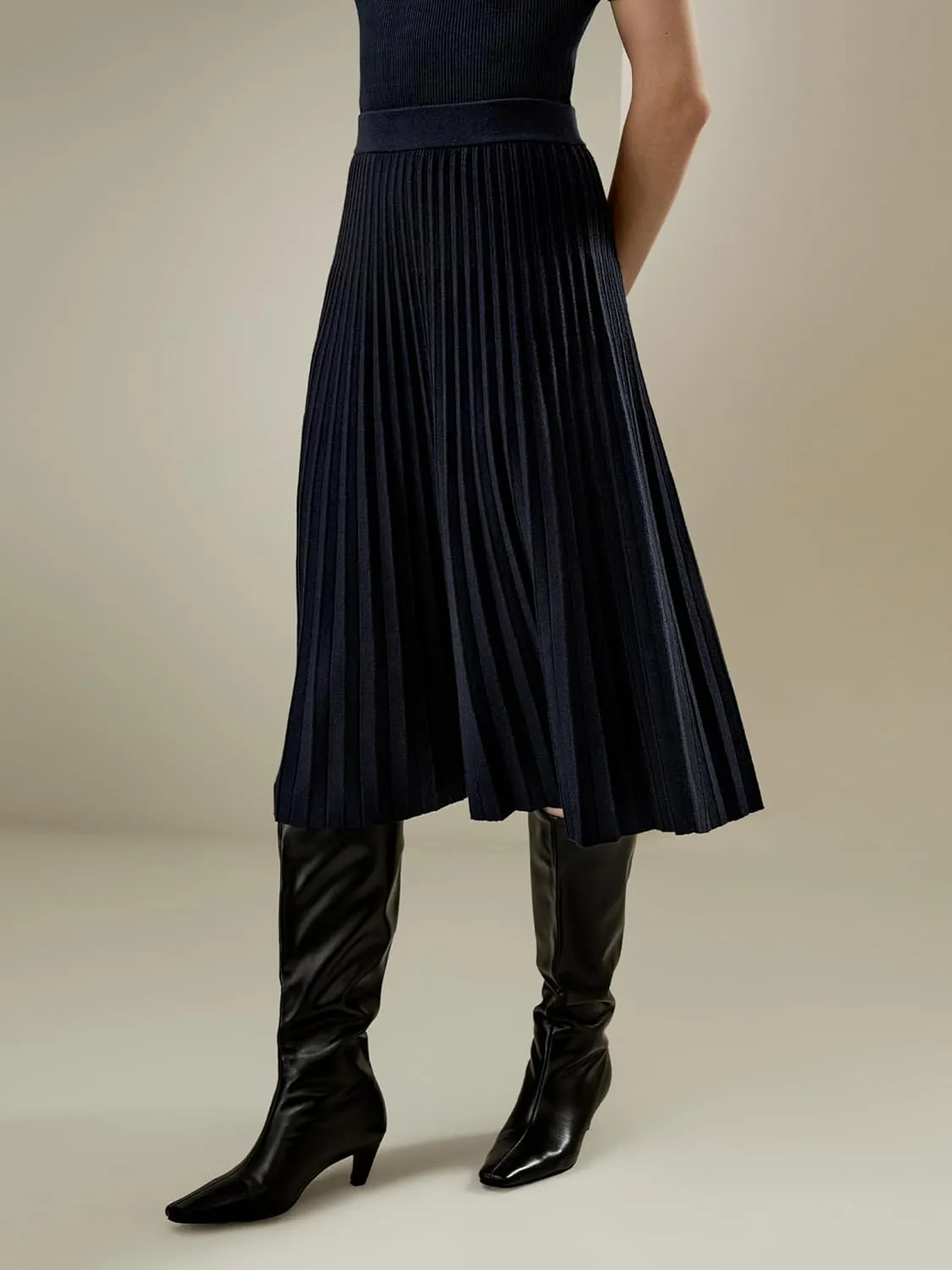 LilySilk Merino Wool Knit Skirt for Women Elastic Warm Solid Pleated A-line Skirts for Ladies Winter Fall Work Casual
