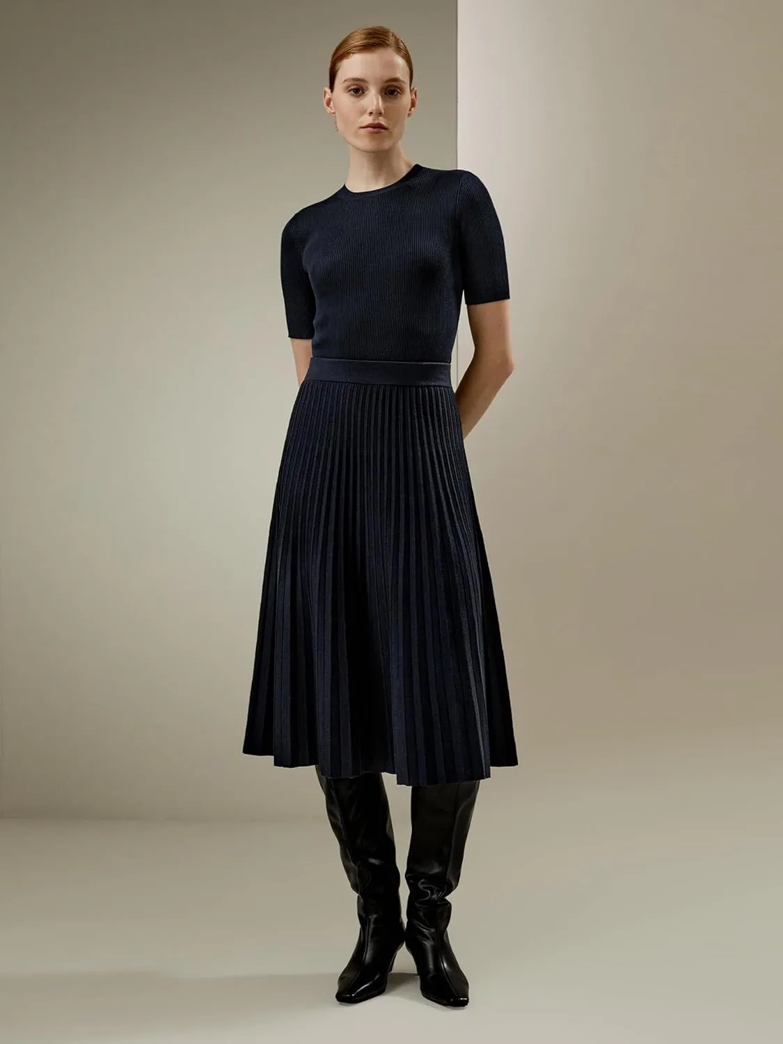 LilySilk Merino Wool Knit Skirt for Women Elastic Warm Solid Pleated A-line Skirts for Ladies Winter Fall Work Casual