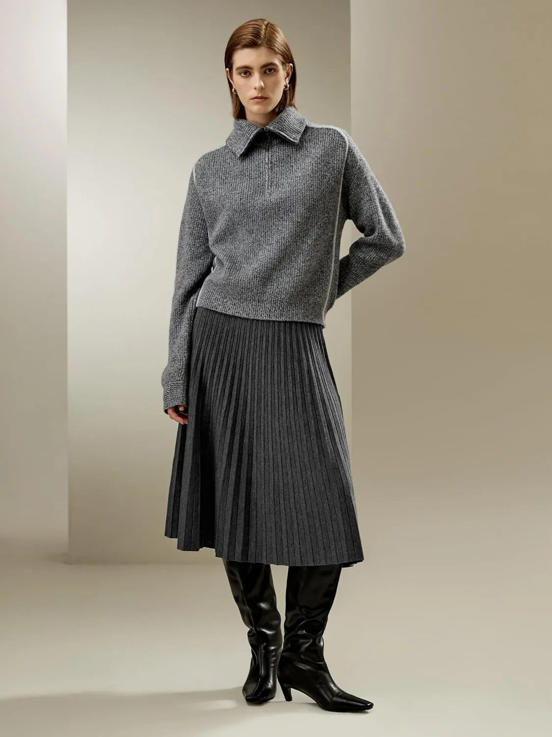 LilySilk Merino Wool Knit Skirt for Women Elastic Warm Solid Pleated A-line Skirts for Ladies Winter Fall Work Casual
