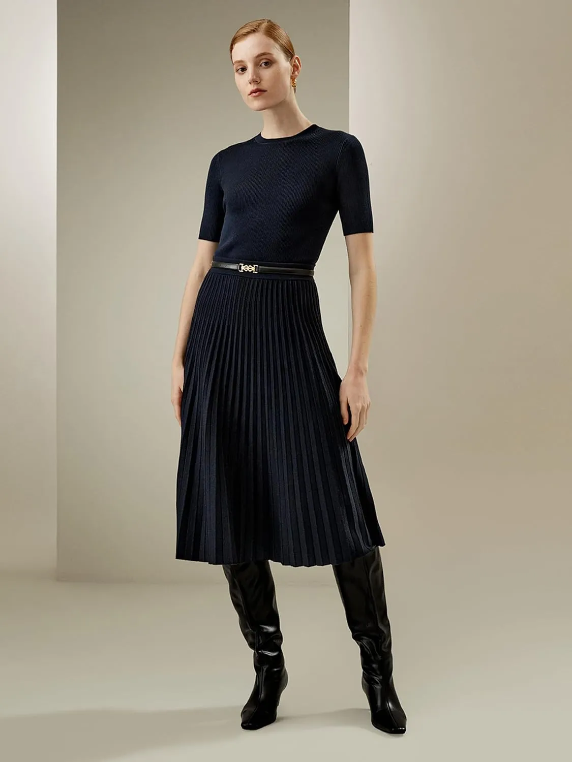 LilySilk Merino Wool Knit Skirt for Women Elastic Warm Solid Pleated A-line Skirts for Ladies Winter Fall Work Casual