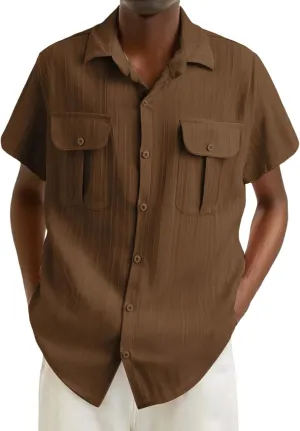 Linen Button Down Shirts for Men Casual Short Sleeve Loose Fit Hawaiian Shirt with Pockets Summer Trendy Beach Tops