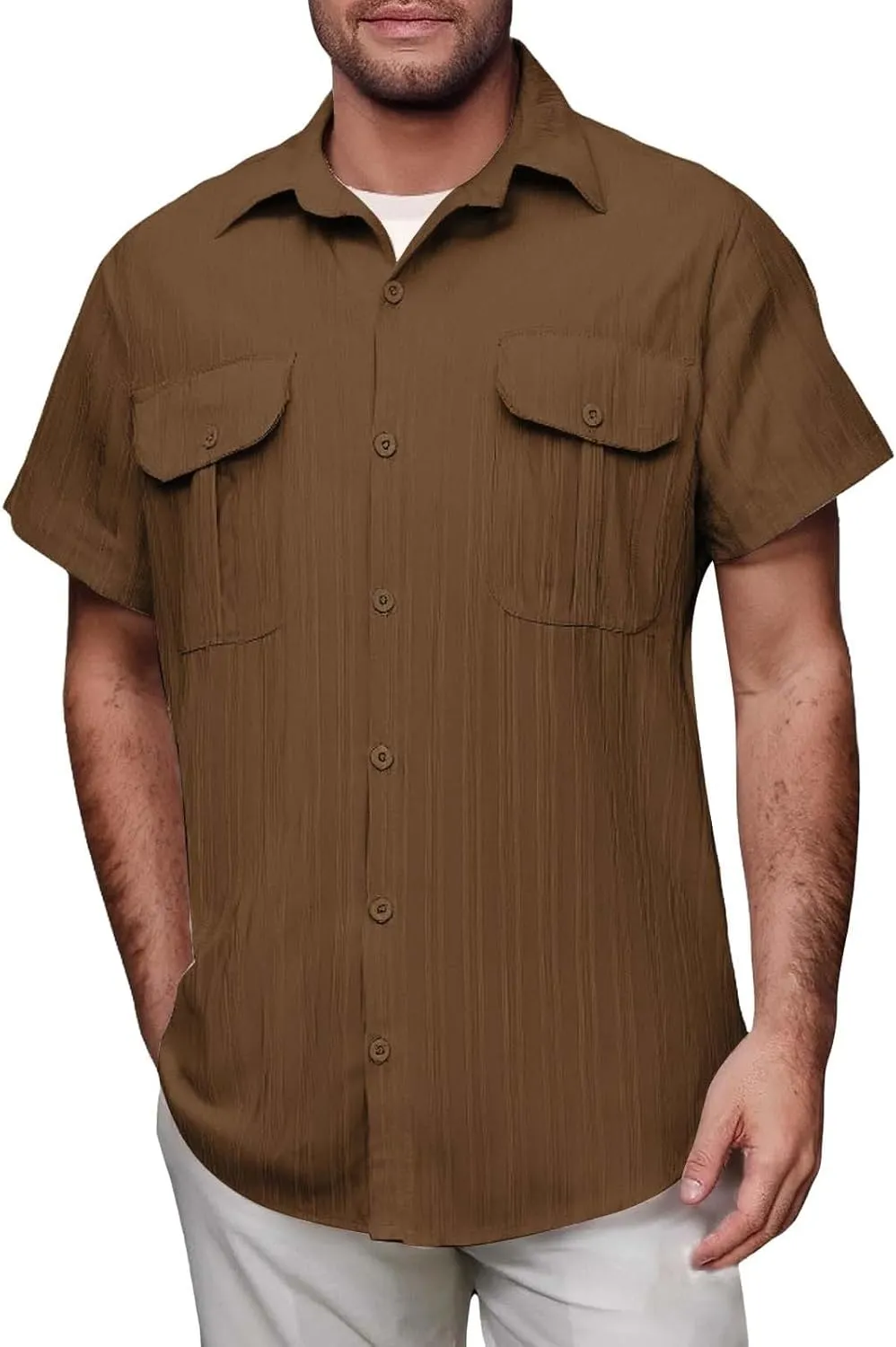 Linen Button Down Shirts for Men Casual Short Sleeve Loose Fit Hawaiian Shirt with Pockets Summer Trendy Beach Tops