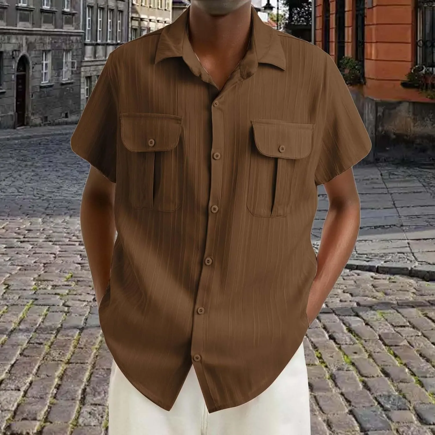 Linen Button Down Shirts for Men Casual Short Sleeve Loose Fit Hawaiian Shirt with Pockets Summer Trendy Beach Tops