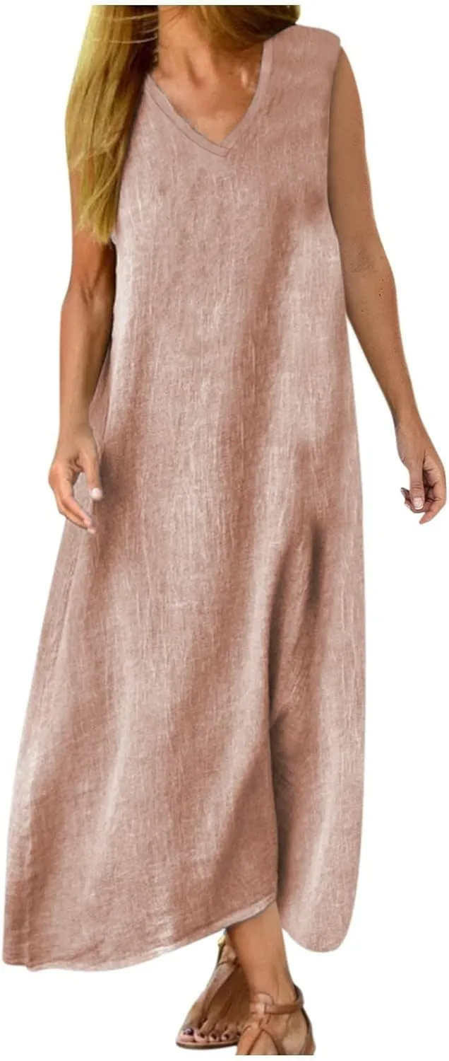 Linen Dresses for Women Sleeveless Linen Casual Cotton Tank Maxi 2025 Summer Dress