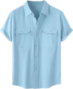 Linen Shirts for Men Short Sleeve Button Down Shirt Summer Vacation Clothes Hawaiian Beach Tops Hawaiian Work Shirt