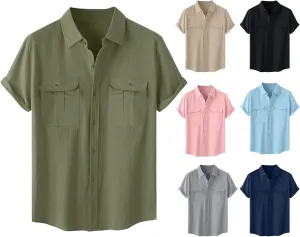 Linen Shirts for Men Short Sleeve Button Down Shirt Summer Vacation Clothes Hawaiian Beach Tops Hawaiian Work Shirt