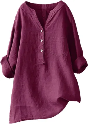 Linen Shirts for Women 2025 Trendy Summer Tops Button 3/4 Sleeve V Neck Plus Size Beach Blouses Boho Loose Tunic