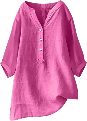 Linen Shirts for Women 2025 Trendy Summer Tops Button 3/4 Sleeve V Neck Plus Size Beach Blouses Boho Loose Tunic