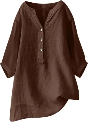 Linen Shirts for Women 2025 Trendy Summer Tops Button 3/4 Sleeve V Neck Plus Size Beach Blouses Boho Loose Tunic