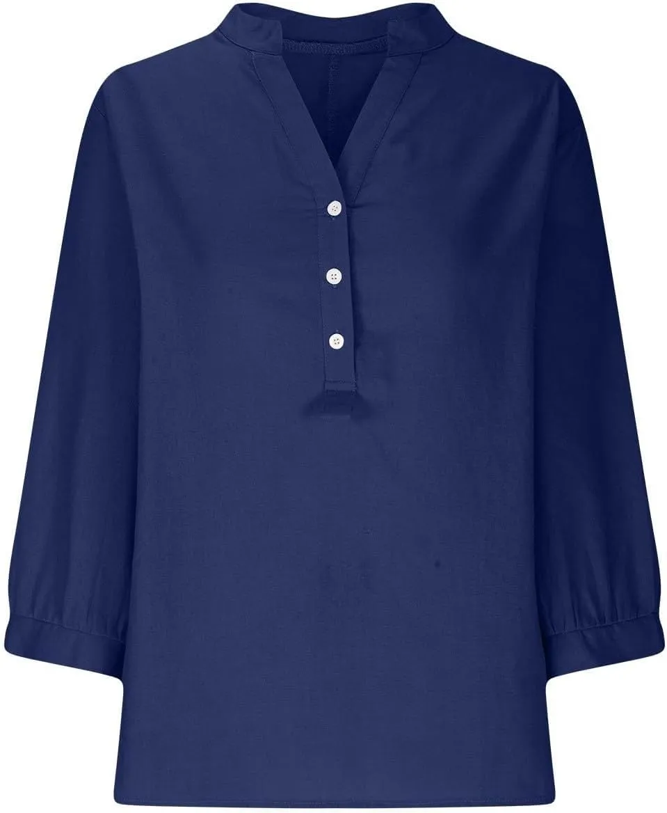 Linen Shirts for Women 2025 Trendy Summer Tops Button 3/4 Sleeve V Neck Plus Size Beach Blouses Boho Loose Tunic