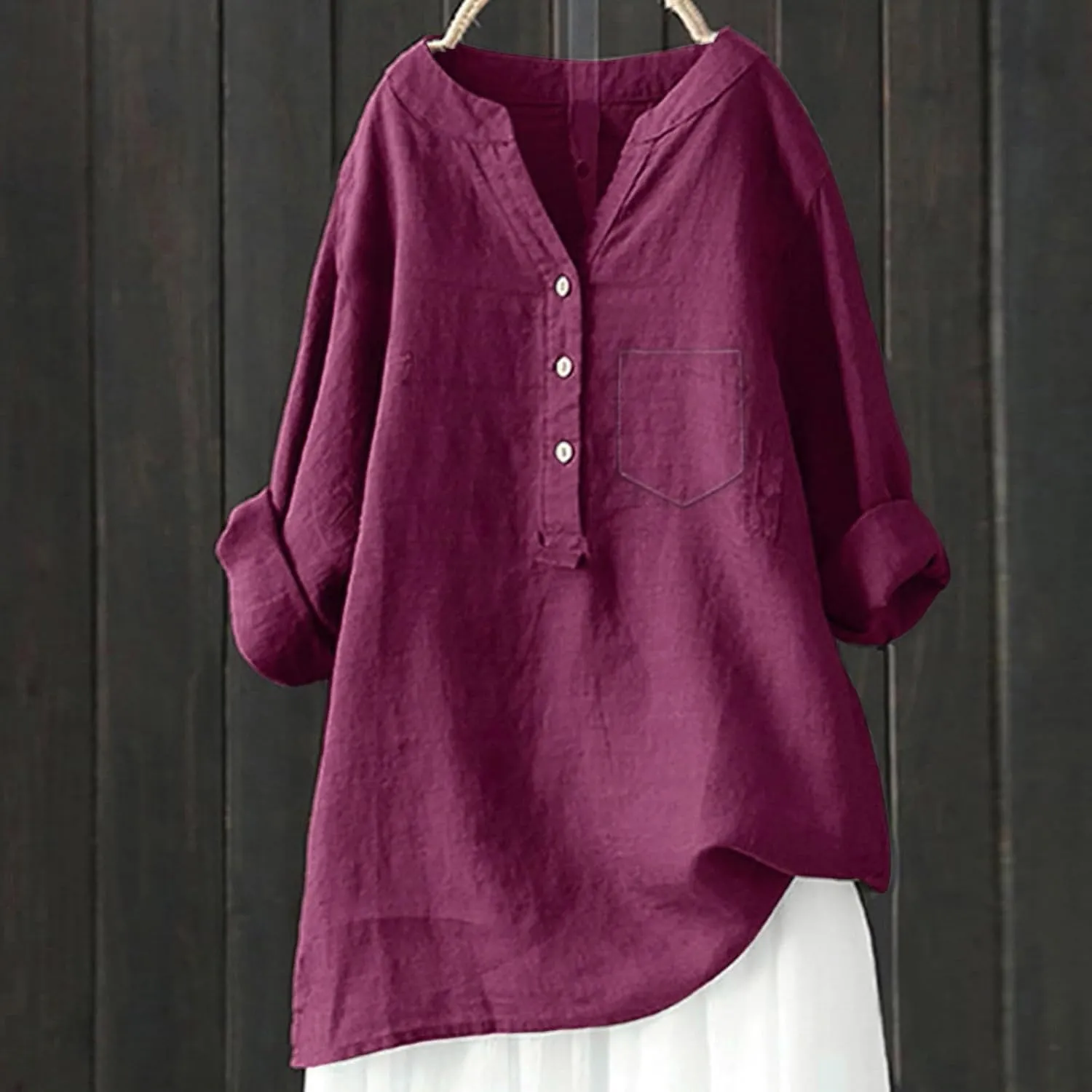 Linen Shirts for Women 2025 Trendy Summer Tops Button 3/4 Sleeve V Neck Plus Size Beach Blouses Boho Loose Tunic