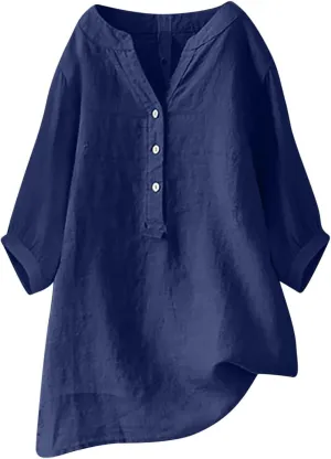 Linen Shirts for Women 2025 Trendy Summer Tops Button 3/4 Sleeve V Neck Plus Size Beach Blouses Boho Loose Tunic