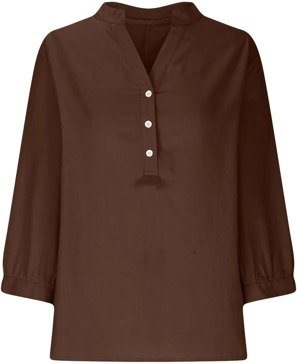 Linen Shirts for Women 2025 Trendy Summer Tops Button 3/4 Sleeve V Neck Plus Size Beach Blouses Boho Loose Tunic