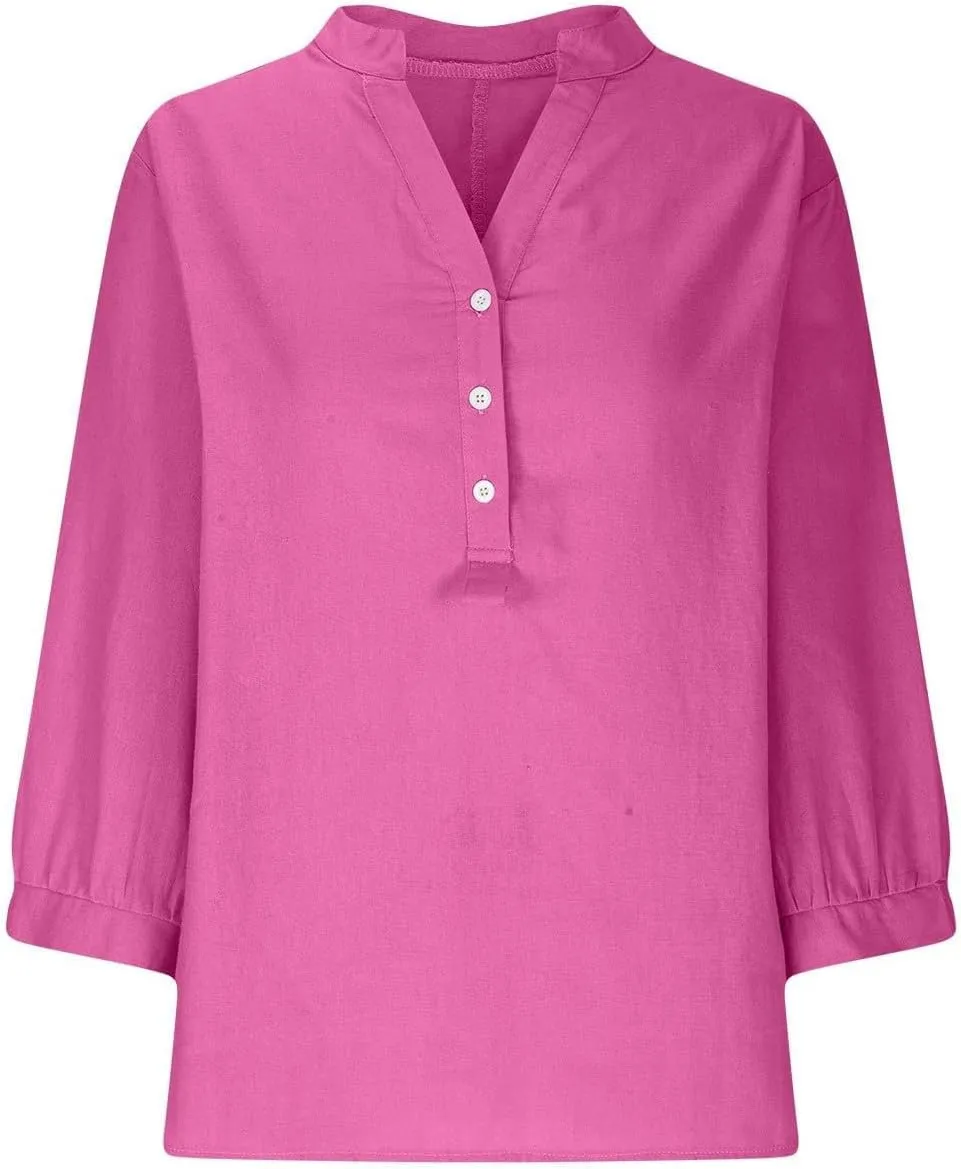 Linen Shirts for Women 2025 Trendy Summer Tops Button 3/4 Sleeve V Neck Plus Size Beach Blouses Boho Loose Tunic