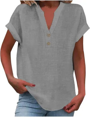 Linen Shirts for Women Summmer Short Sleeve Casual Tops Henley Vcation Beach Lounge Button Lightweight Tunic Blouse