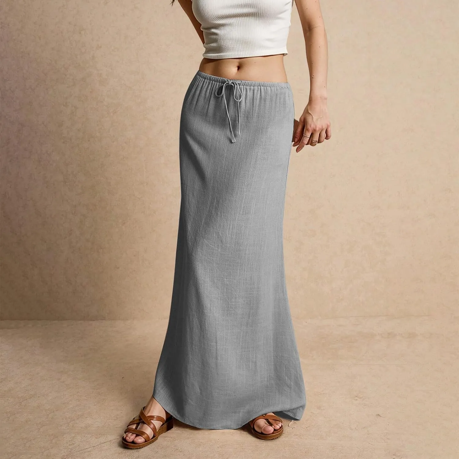Linen Skirts for Women 2025 Summer Casual Maxi Skirt Drawstring Low Rise A-Line Flowy Boho Beach Vacation Outfits