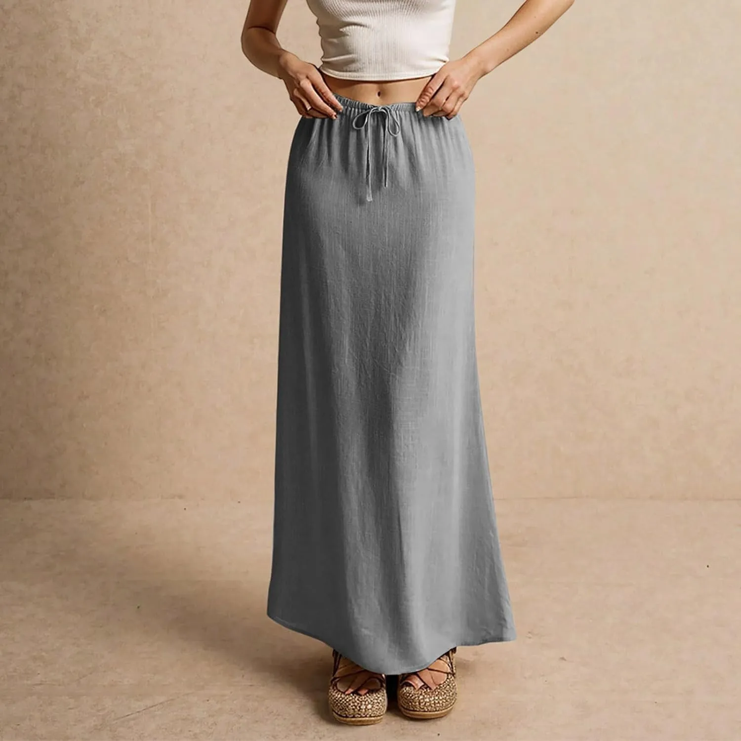 Linen Skirts for Women 2025 Summer Casual Maxi Skirt Drawstring Low Rise A-Line Flowy Boho Beach Vacation Outfits