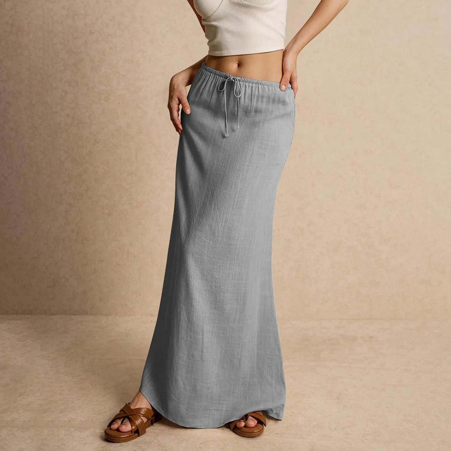 Linen Skirts for Women 2025 Summer Casual Maxi Skirt Drawstring Low Rise A-Line Flowy Boho Beach Vacation Outfits