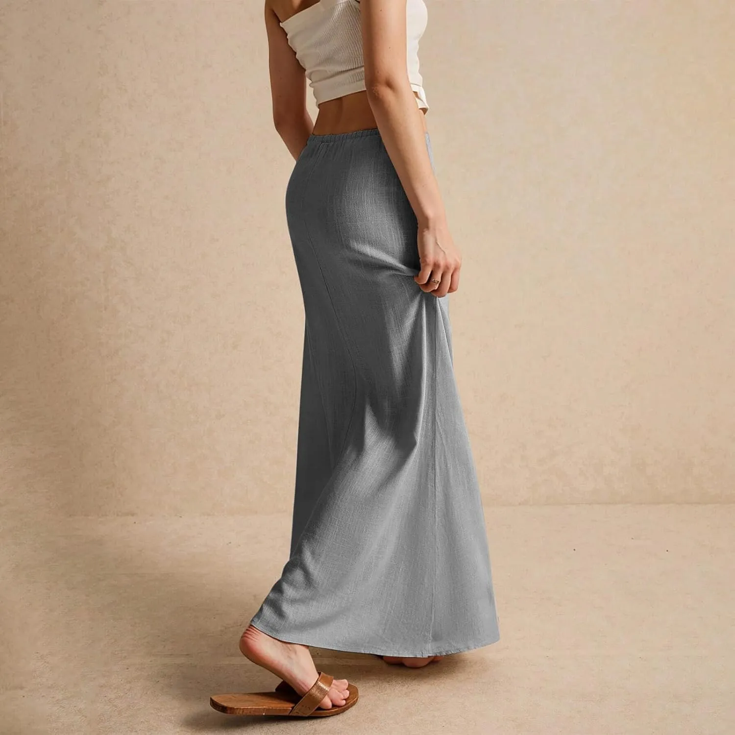 Linen Skirts for Women 2025 Summer Casual Maxi Skirt Drawstring Low Rise A-Line Flowy Boho Beach Vacation Outfits