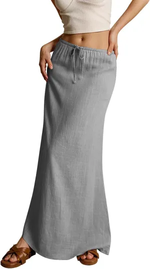 Linen Skirts for Women 2025 Summer Casual Maxi Skirt Drawstring Low Rise A-Line Flowy Boho Beach Vacation Outfits