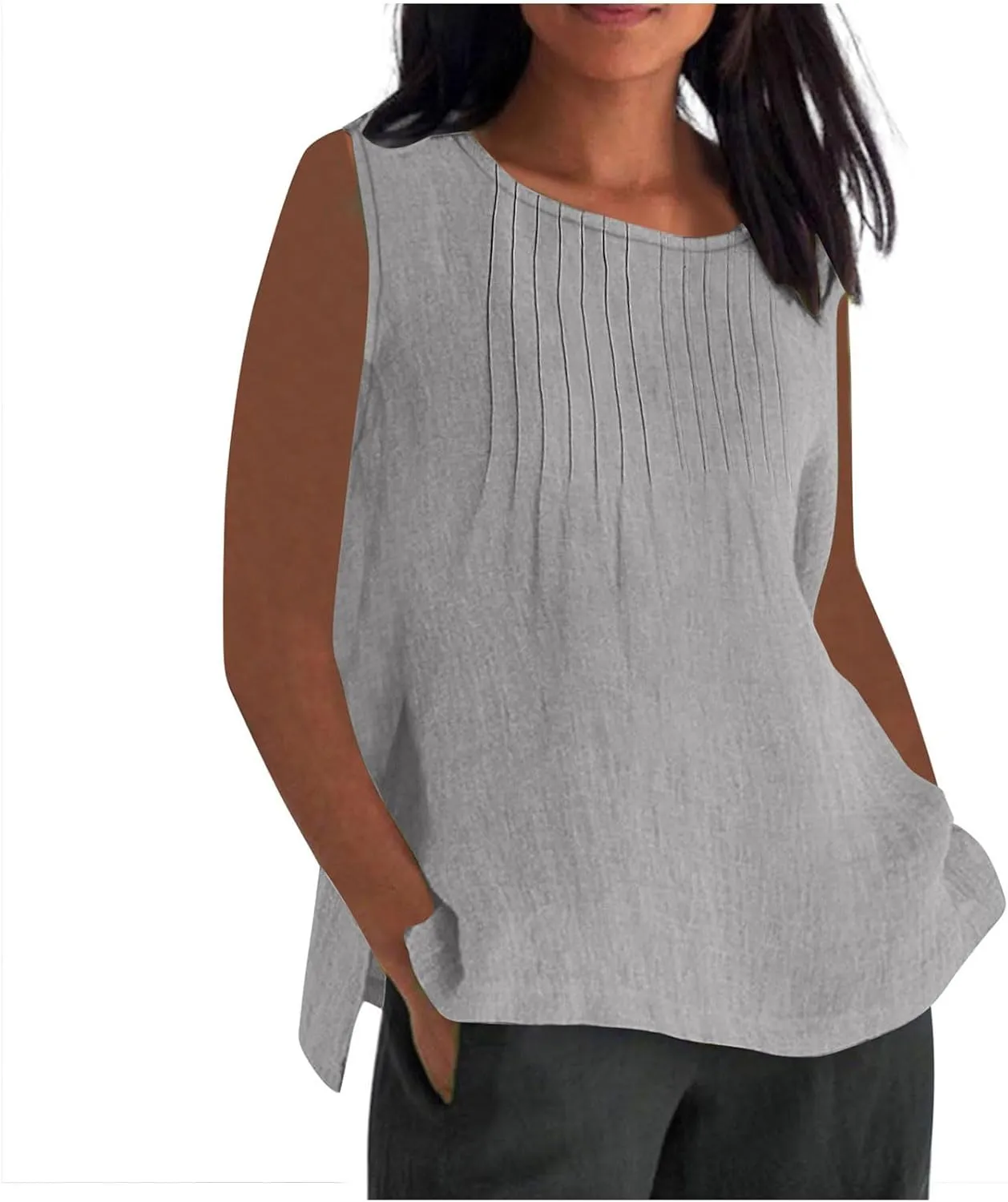 Linen Tank Tops for Women Cotton Gauze Crewneck Pleated Front Sleeveless Plus Size Side Slit Summer Shirts
