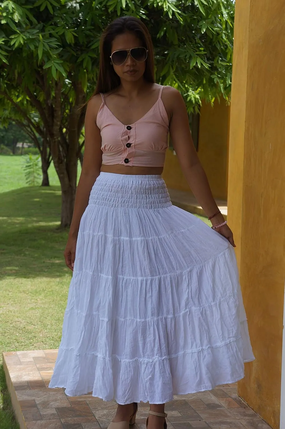 Long Cotton Skirts for Women * Boho Full Flared Maxi Tiered Crinkled * Solid Plain Colors