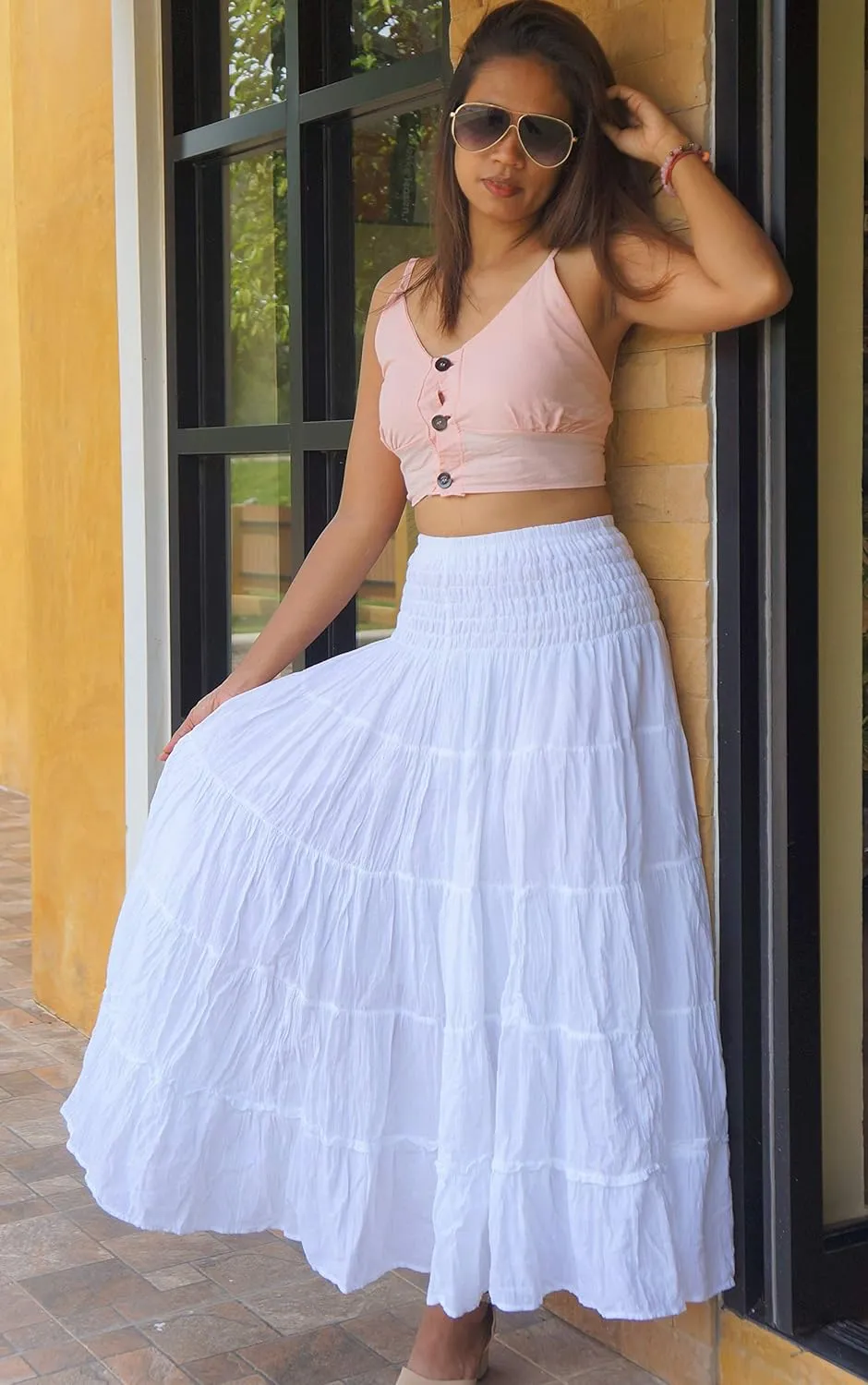 Long Cotton Skirts for Women * Boho Full Flared Maxi Tiered Crinkled * Solid Plain Colors