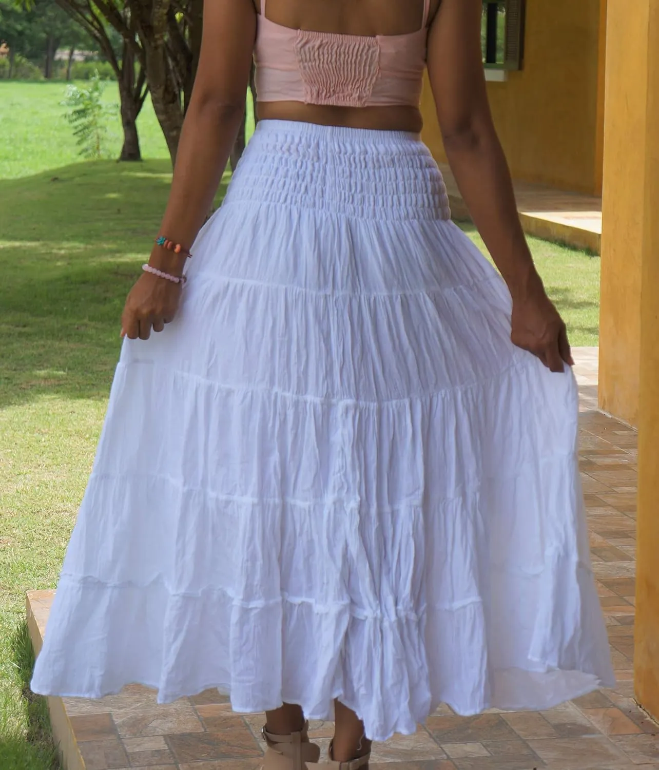 Long Cotton Skirts for Women * Boho Full Flared Maxi Tiered Crinkled * Solid Plain Colors
