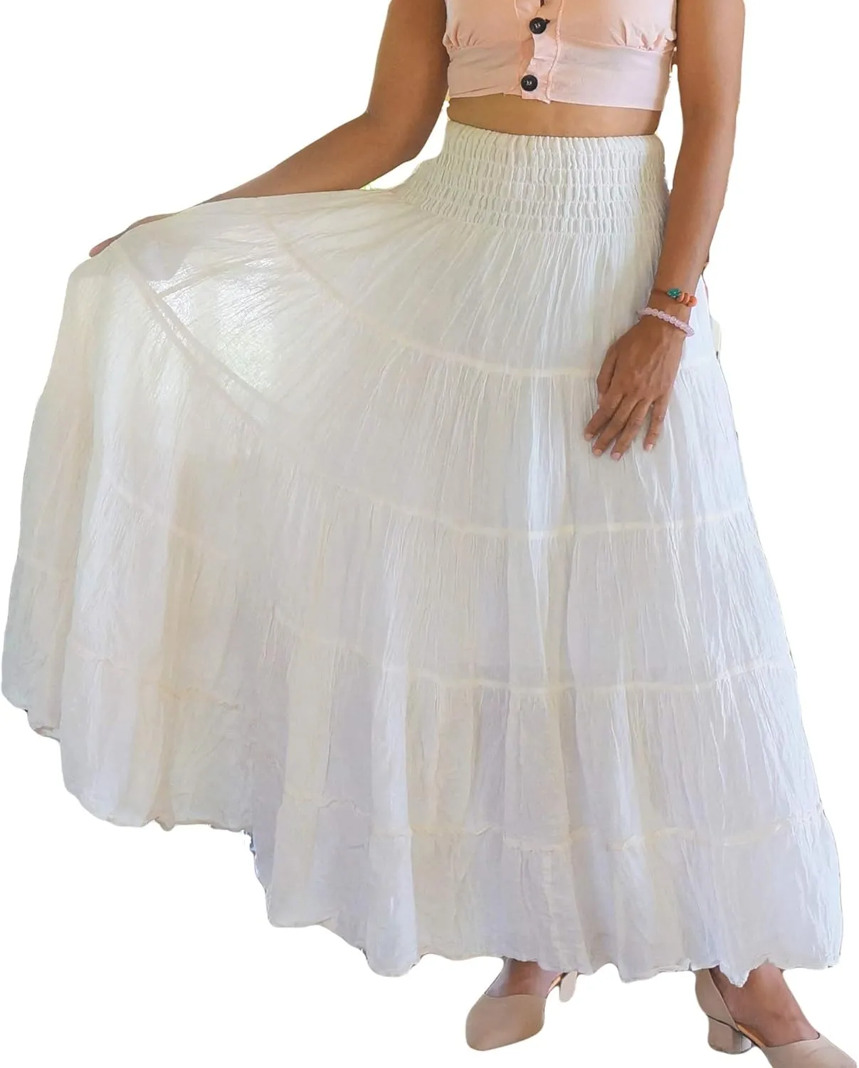 Long Cotton Skirts for Women * Boho Full Flared Maxi Tiered Crinkled * Solid Plain Colors