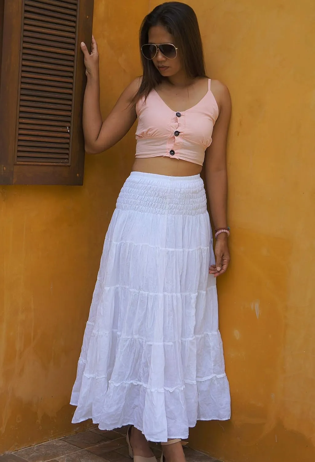 Long Cotton Skirts for Women * Boho Full Flared Maxi Tiered Crinkled * Solid Plain Colors