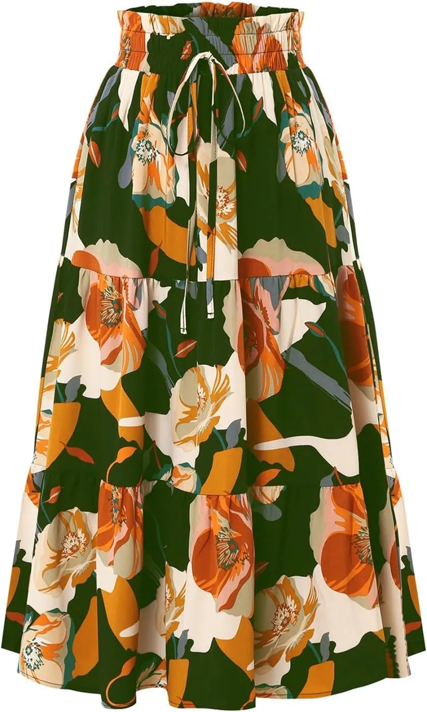 Long Skirts for Women,Elastic High Waisted Womens Boho Maxi Skirt with Pockets Linen Flowy Long Skirts 2025 Trendy