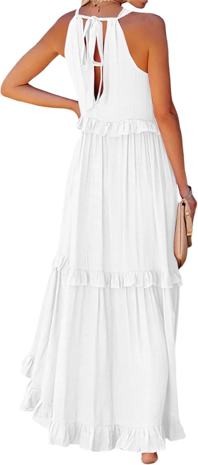 Long Summer Dresses for Women 2024 Sleeveless Halter Maxi Dress Casual Flowy Ruffle Sundress Elegant Beach Party Dress