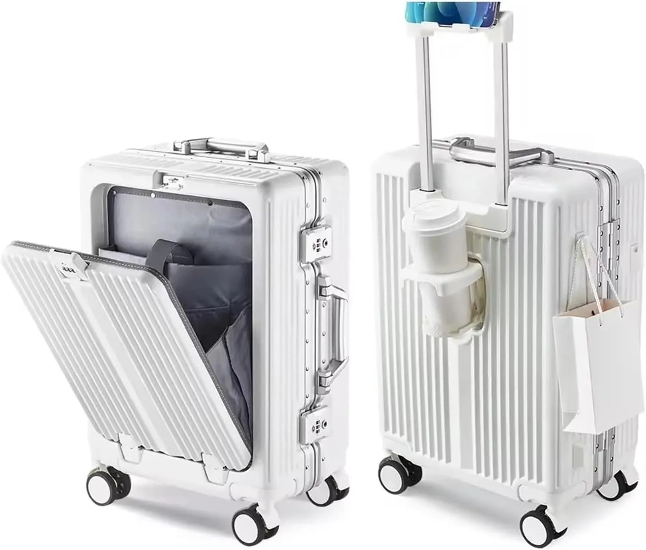 Luggage Front Open Pocket Suitcase Rolling Luggage Boarding Cabin Carry on Suitcase Aluminum Alloy Frame Trolley Case Luggages 20/24inch Suitcase(Black,24inch)