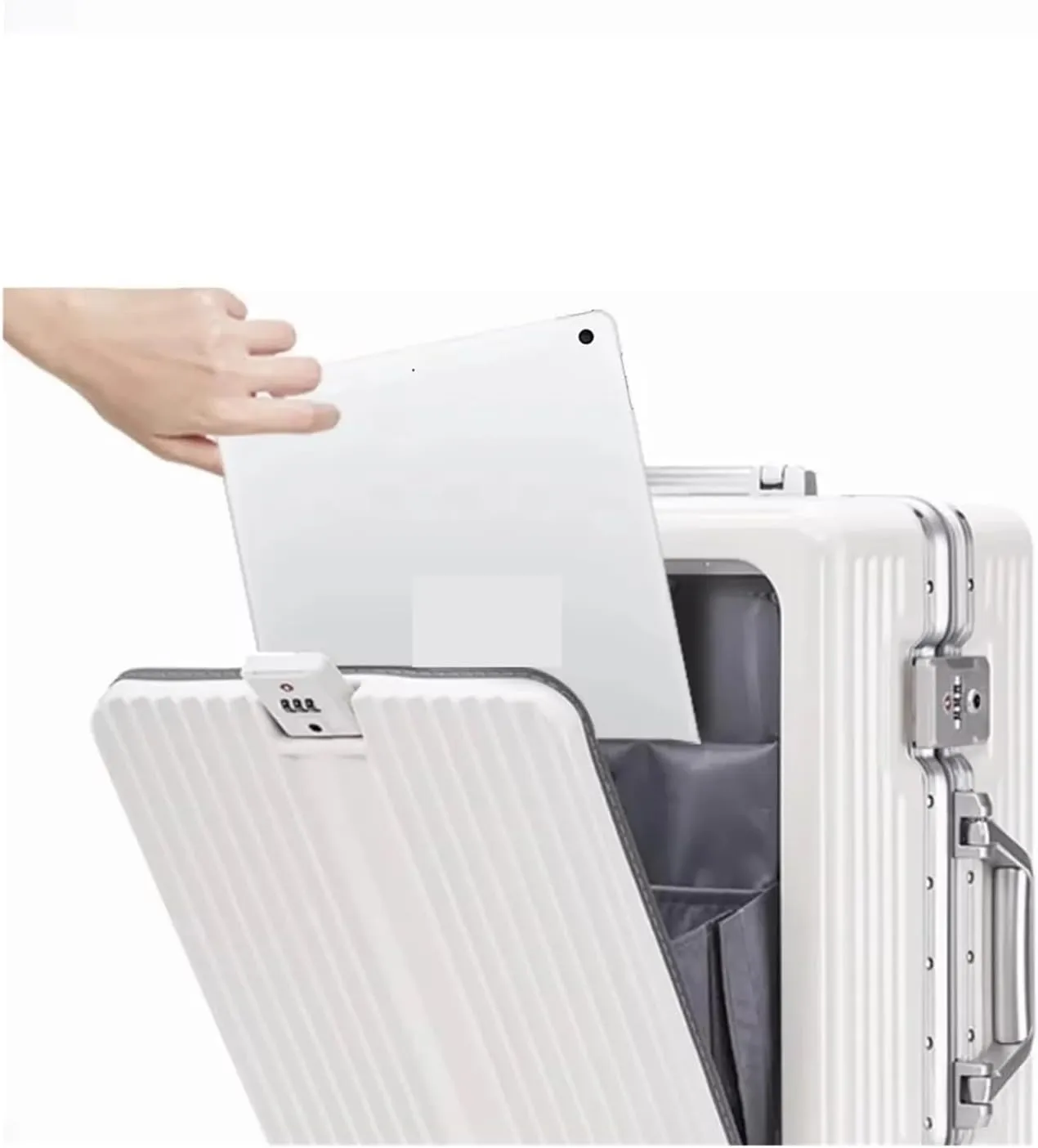 Luggage Front Open Pocket Suitcase Rolling Luggage Boarding Cabin Carry on Suitcase Aluminum Alloy Frame Trolley Case Luggages 20/24inch Suitcase(Black,24inch)