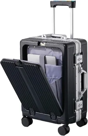 Luggage Front Open Pocket Suitcase Rolling Luggage Boarding Cabin Carry on Suitcase Aluminum Alloy Frame Trolley Case Luggages 20/24inch Suitcase(Black,24inch)