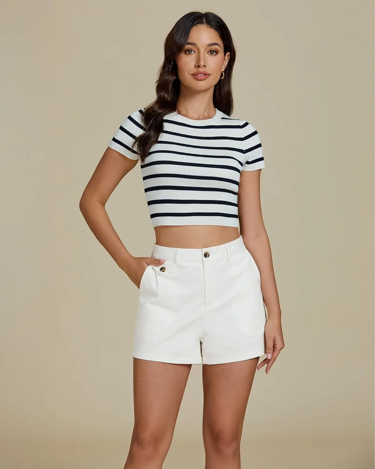 luvamia Dress Shorts for Women Trendy High Waisted Business Causal Summer Elastic Waist Trouser Shorts with Pockets