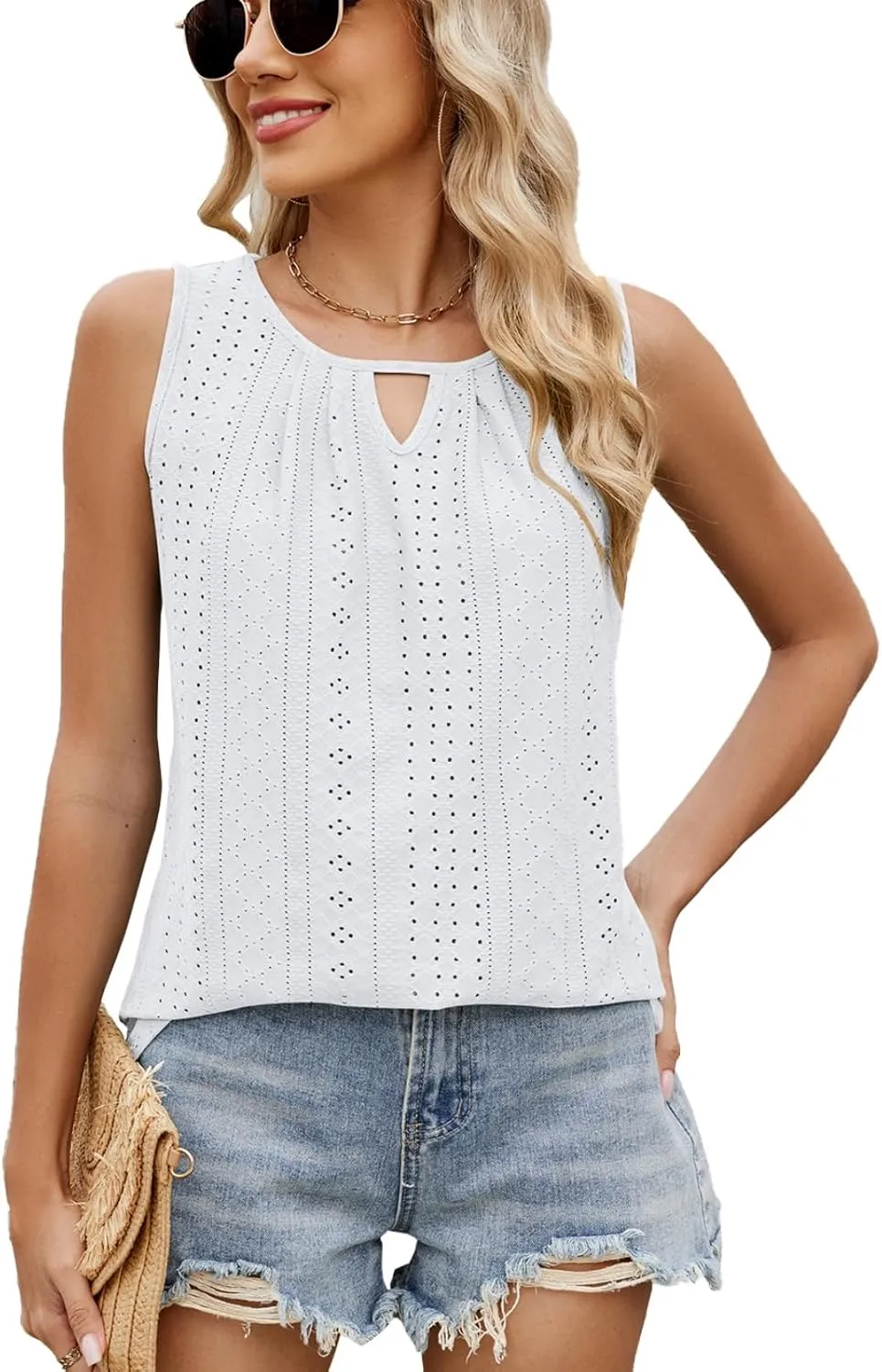 luwita Summer Tank Tops for Women 2025 Loose Fit Casual Sleeveless Keyhole Neck Tanks Trendy Eyelet Flowy Clothes