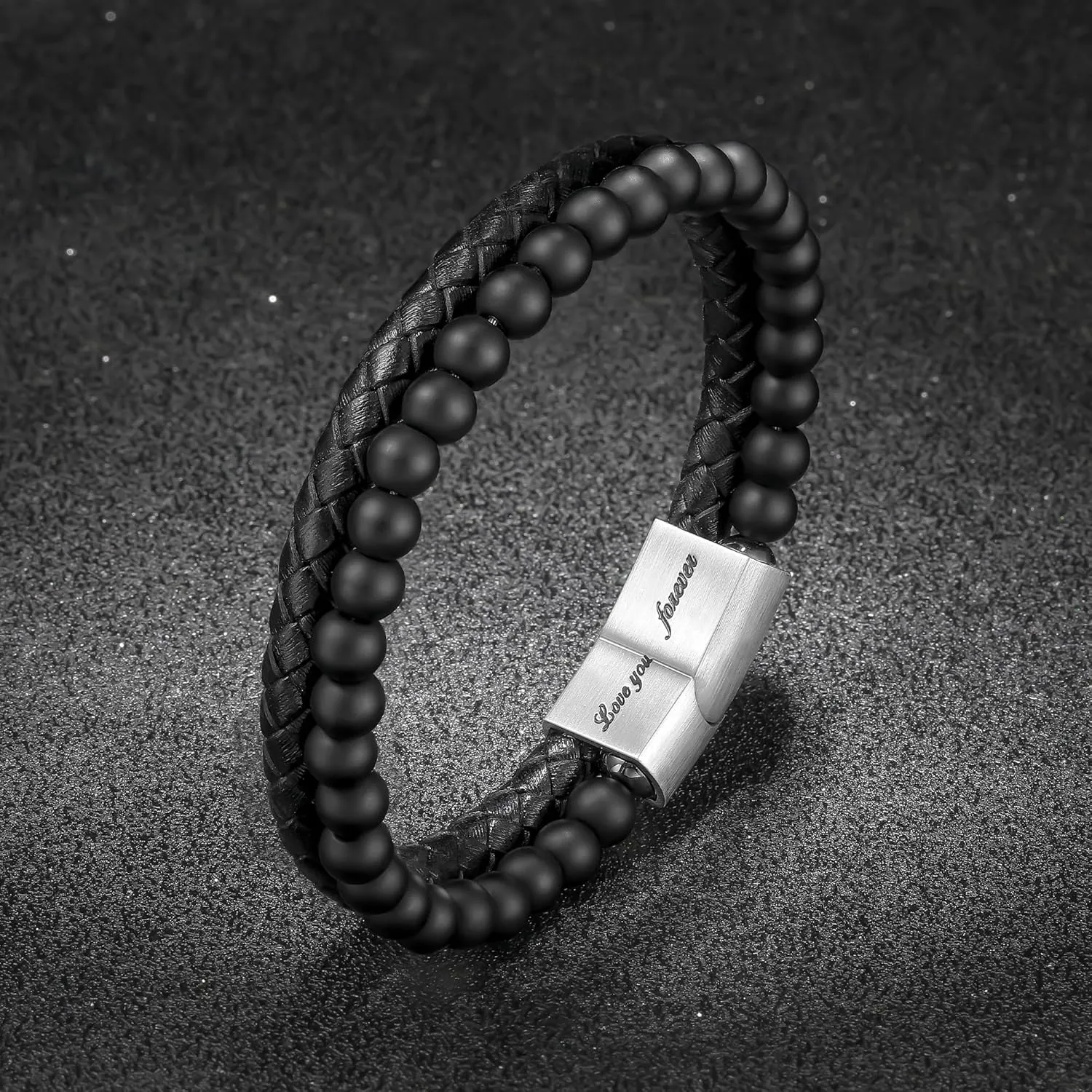 LUXEJEW Gifts for Men - Mens Bracelet, Beaded Leather Bracelets for Men Dad Husband Boyfriend Son Grandson Brother Nephew Uncle 6mm Matte Agate Stone Stainless Steel Magnetic Clasp Love You Forever