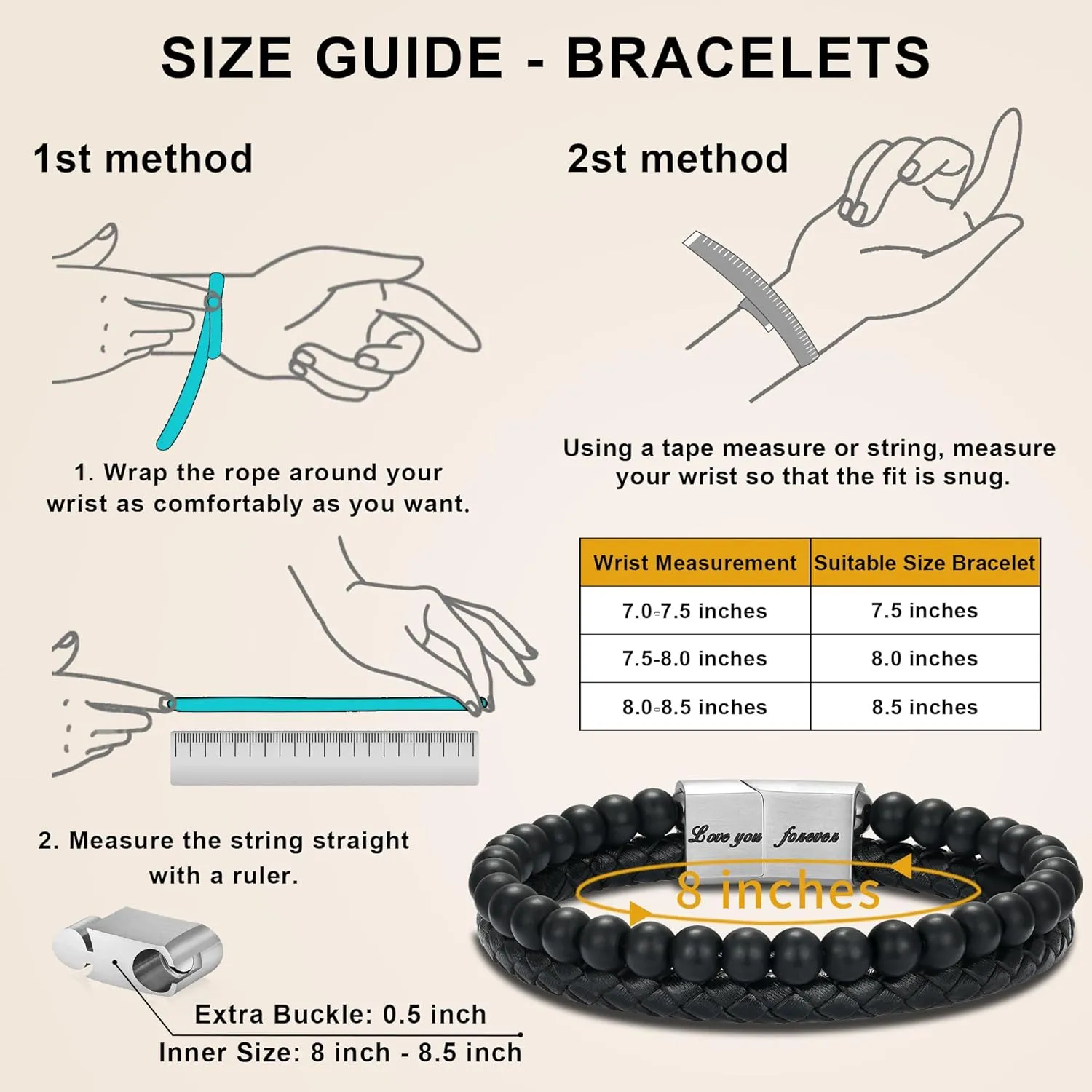 LUXEJEW Gifts for Men - Mens Bracelet, Beaded Leather Bracelets for Men Dad Husband Boyfriend Son Grandson Brother Nephew Uncle 6mm Matte Agate Stone Stainless Steel Magnetic Clasp Love You Forever