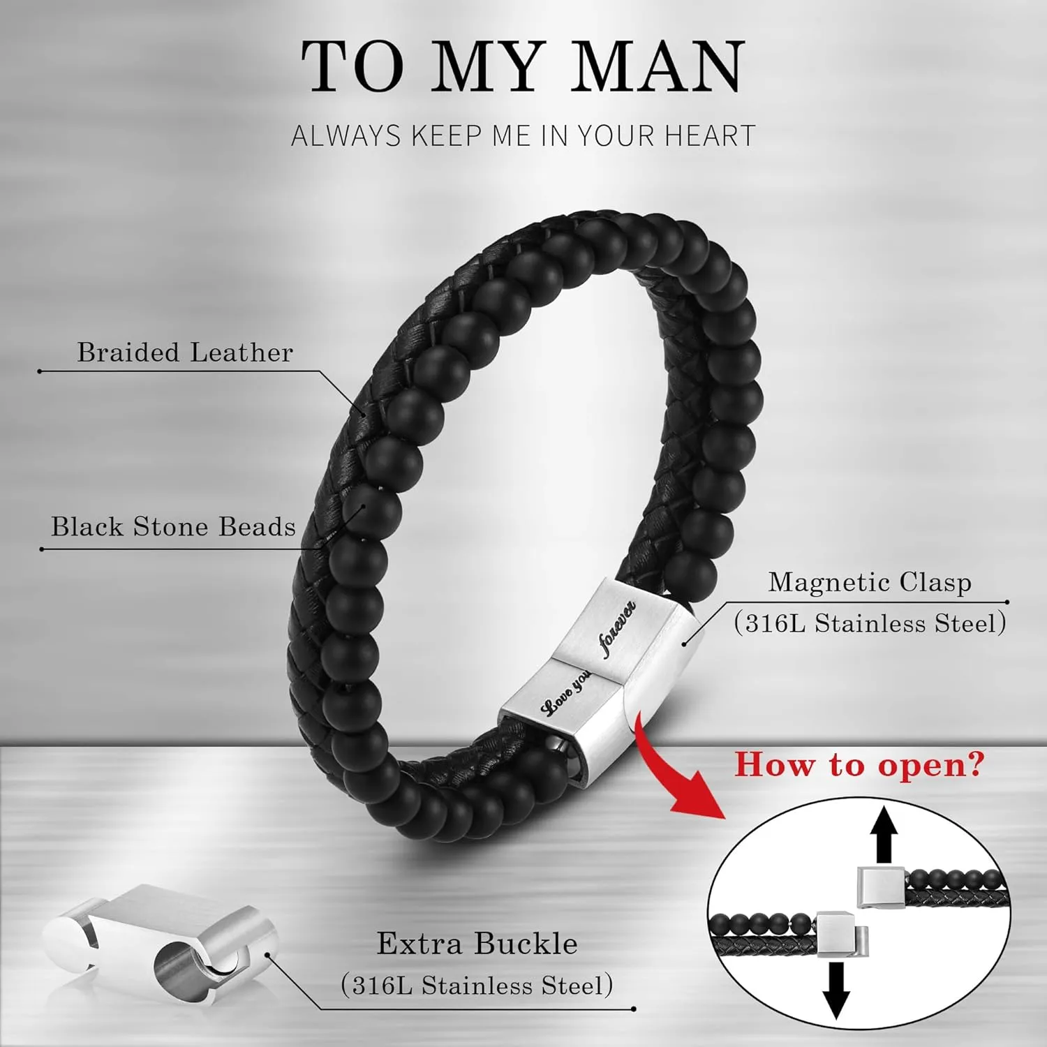 LUXEJEW Gifts for Men - Mens Bracelet, Beaded Leather Bracelets for Men Dad Husband Boyfriend Son Grandson Brother Nephew Uncle 6mm Matte Agate Stone Stainless Steel Magnetic Clasp Love You Forever