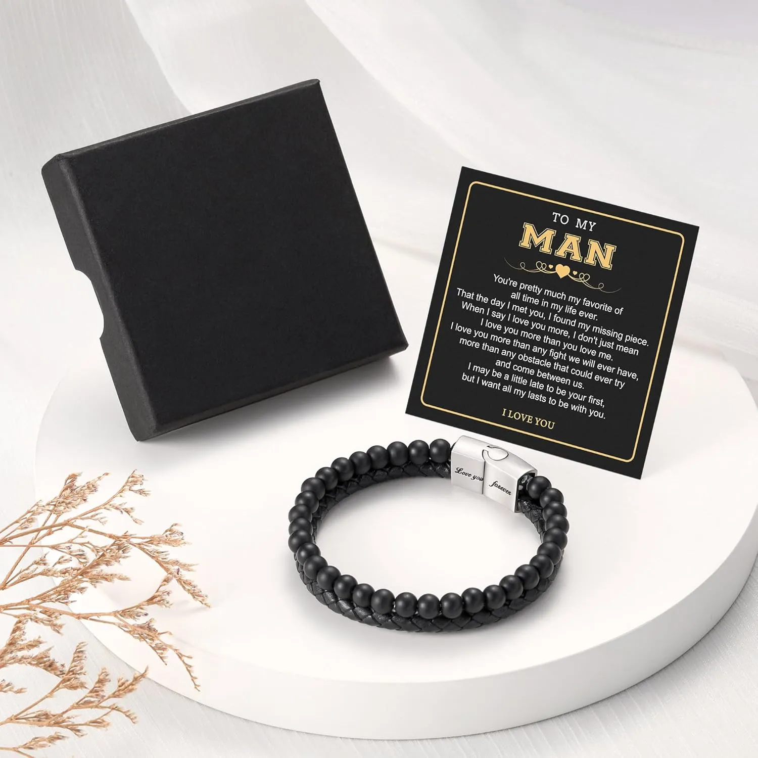 LUXEJEW Gifts for Men - Mens Bracelet, Beaded Leather Bracelets for Men Dad Husband Boyfriend Son Grandson Brother Nephew Uncle 6mm Matte Agate Stone Stainless Steel Magnetic Clasp Love You Forever