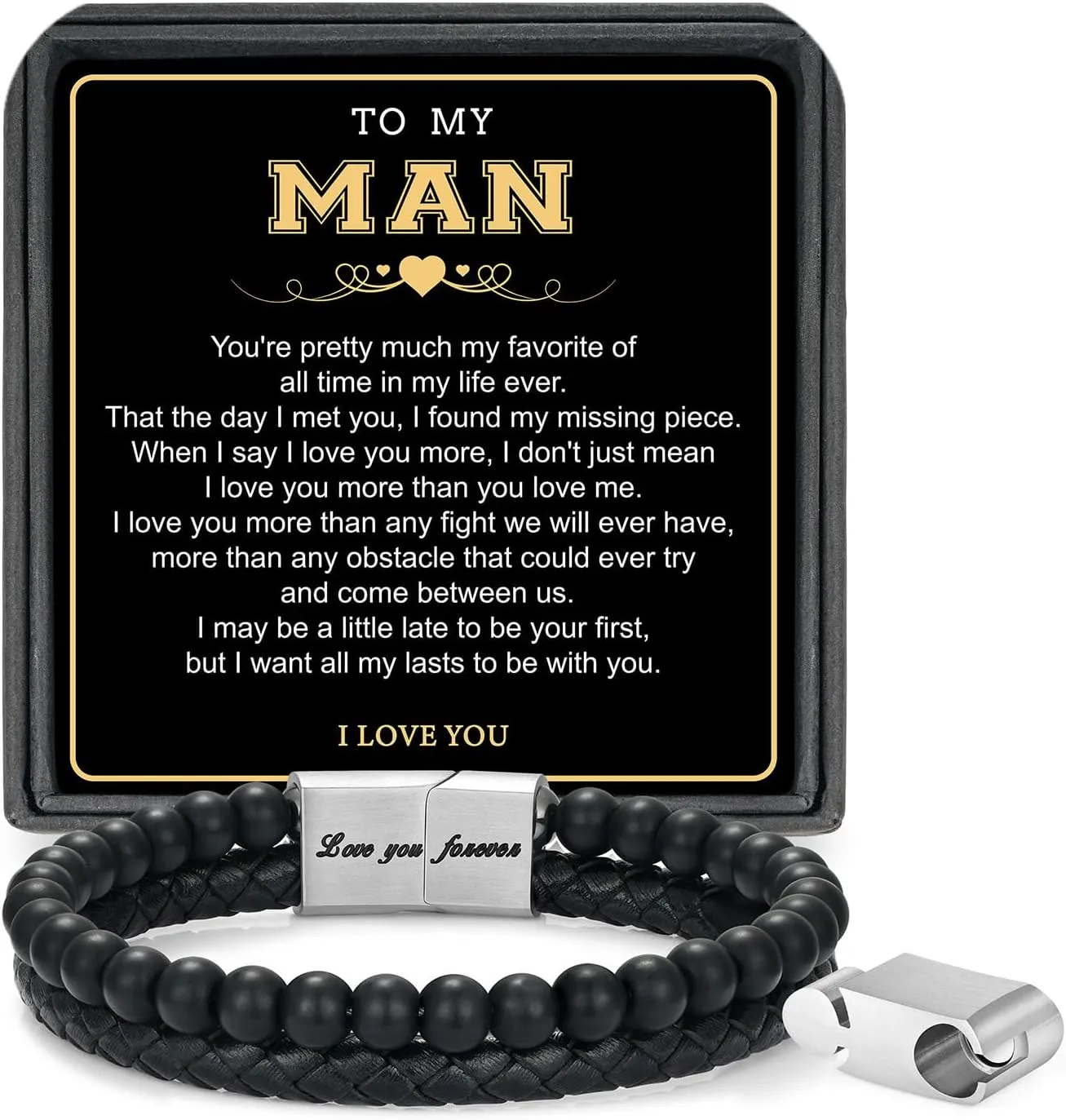 LUXEJEW Gifts for Men - Mens Bracelet, Beaded Leather Bracelets for Men Dad Husband Boyfriend Son Grandson Brother Nephew Uncle 6mm Matte Agate Stone Stainless Steel Magnetic Clasp Love You Forever