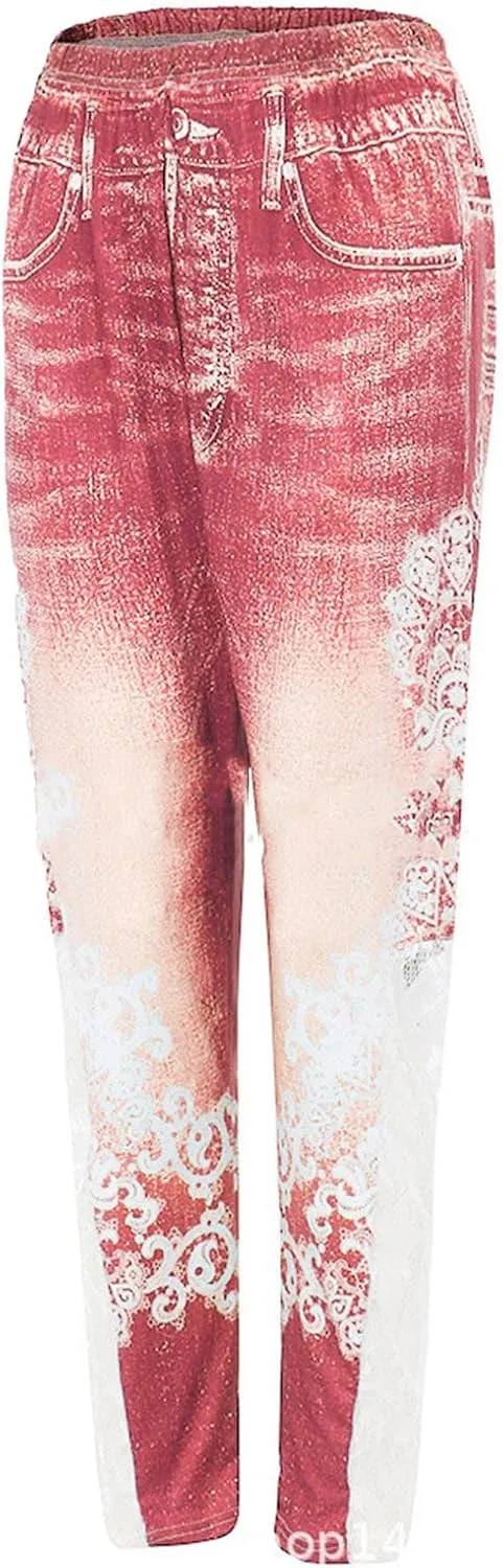 Maiyifu-GJ Women High Waisted Jeans Leggings Skinny Print Printed Denim Yoga Pants Running Gym Stretch Workout Trousers