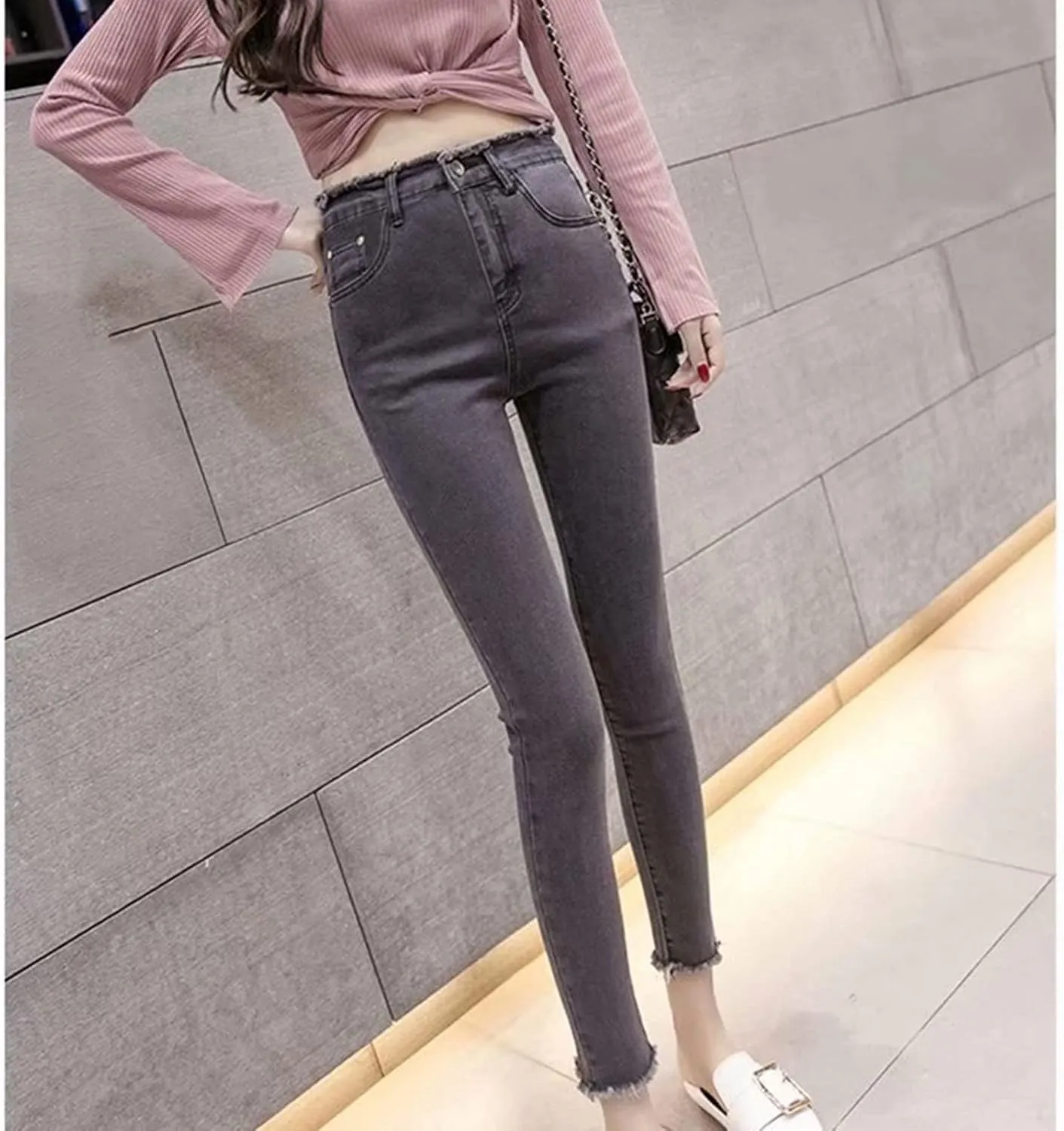 Maiyifu-GJ Women's High Waisted Destroyed Raw Hem Jeans Skinny Boyfriend Ankle Denim Pants Casual Slim Pencil Jean Trouser