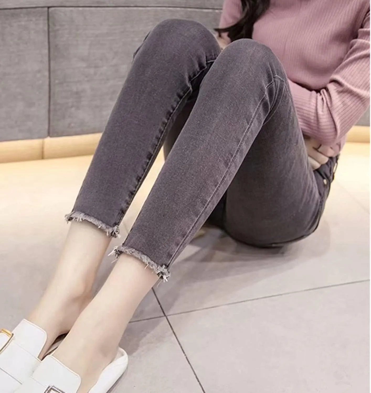Maiyifu-GJ Women's High Waisted Destroyed Raw Hem Jeans Skinny Boyfriend Ankle Denim Pants Casual Slim Pencil Jean Trouser