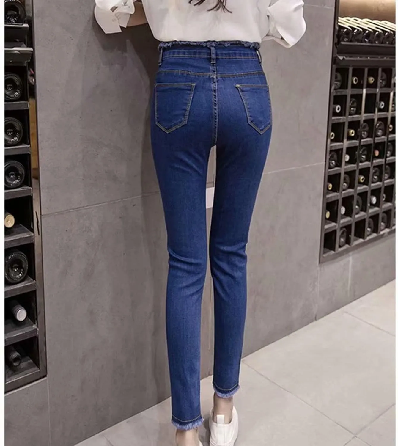 Maiyifu-GJ Women's High Waisted Destroyed Raw Hem Jeans Skinny Boyfriend Ankle Denim Pants Casual Slim Pencil Jean Trouser