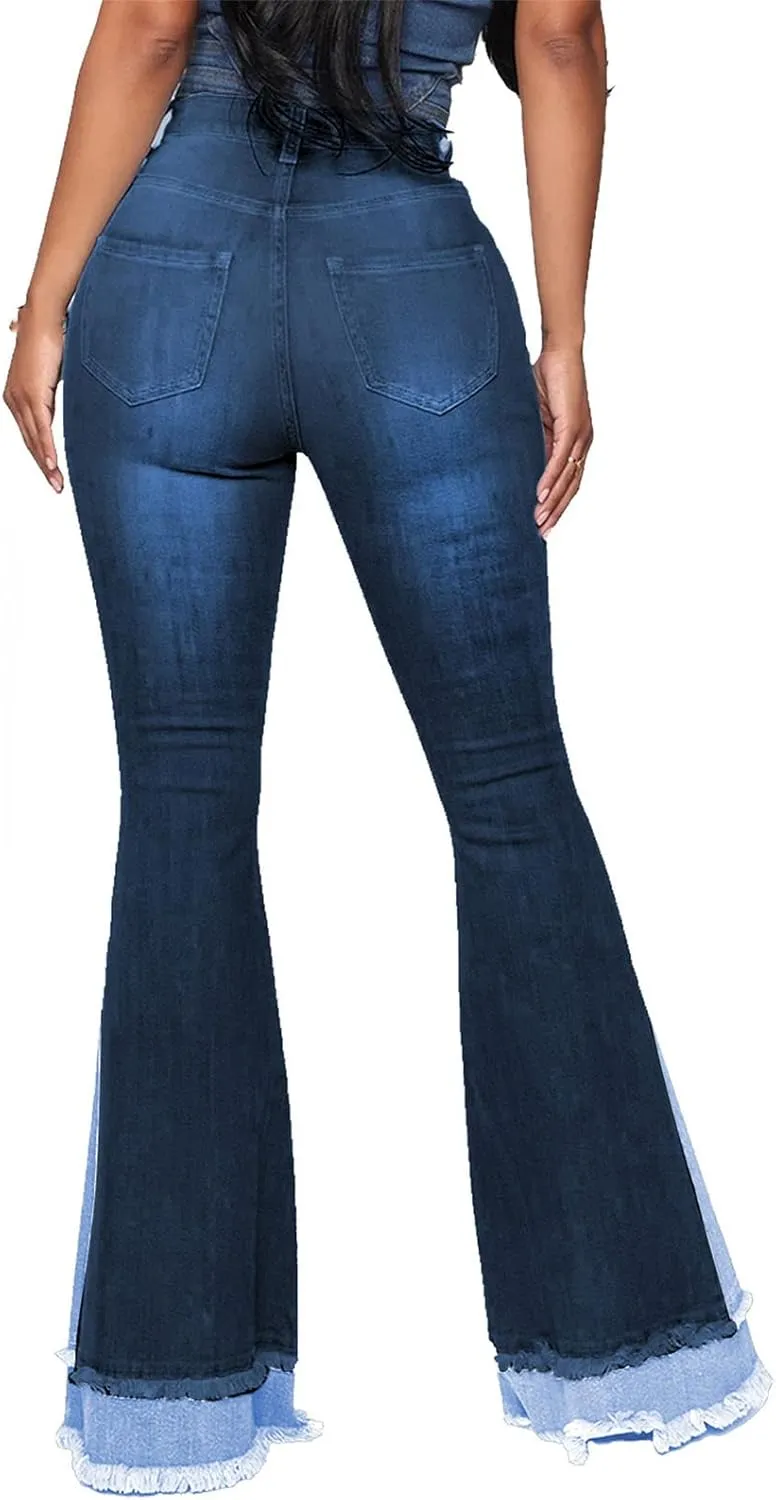 Maiyifu-GJ Women's Patchwork Ripped Flare Jeans Retro High Waisted Bell Bottom Denim Pants Destroyed Raw Hem Jean Trousers
